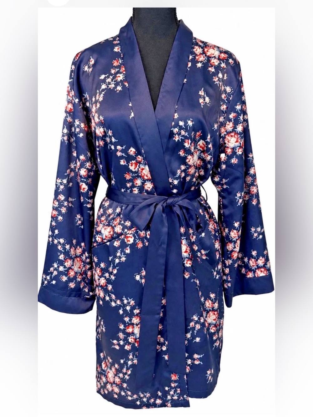 Morgan Lane Floral Satin Robe - Navy Blue
